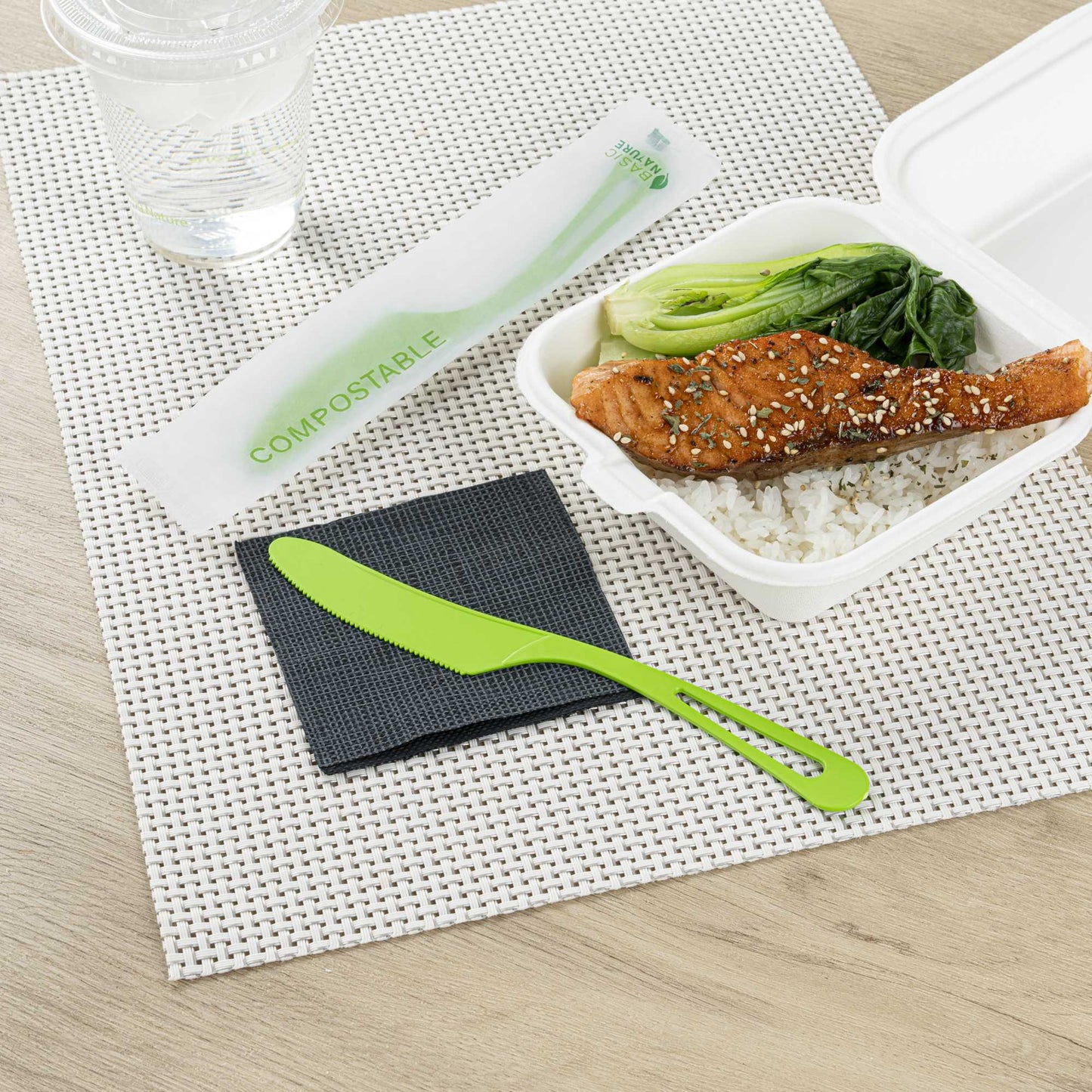 Basic Nature Green CPLA Plastic Knife - Compostable Wrapper, Heat-Resistant - 7 1/2" - 250 count box