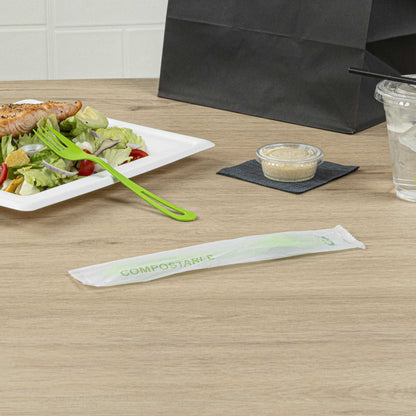 Basic Nature Green CPLA Plastic Fork - Compostable Wrapper, Heat-Resistant - 7 1/2" - 250 count box