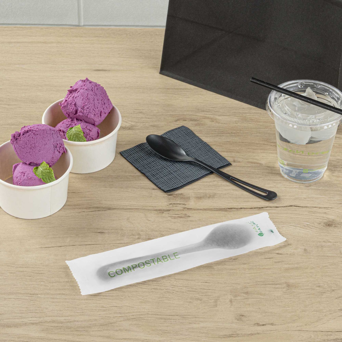 Basic Nature Black CPLA Plastic Spoon - Compostable Wrapper, Heat-Resistant - 7 1/2" - 250 count box