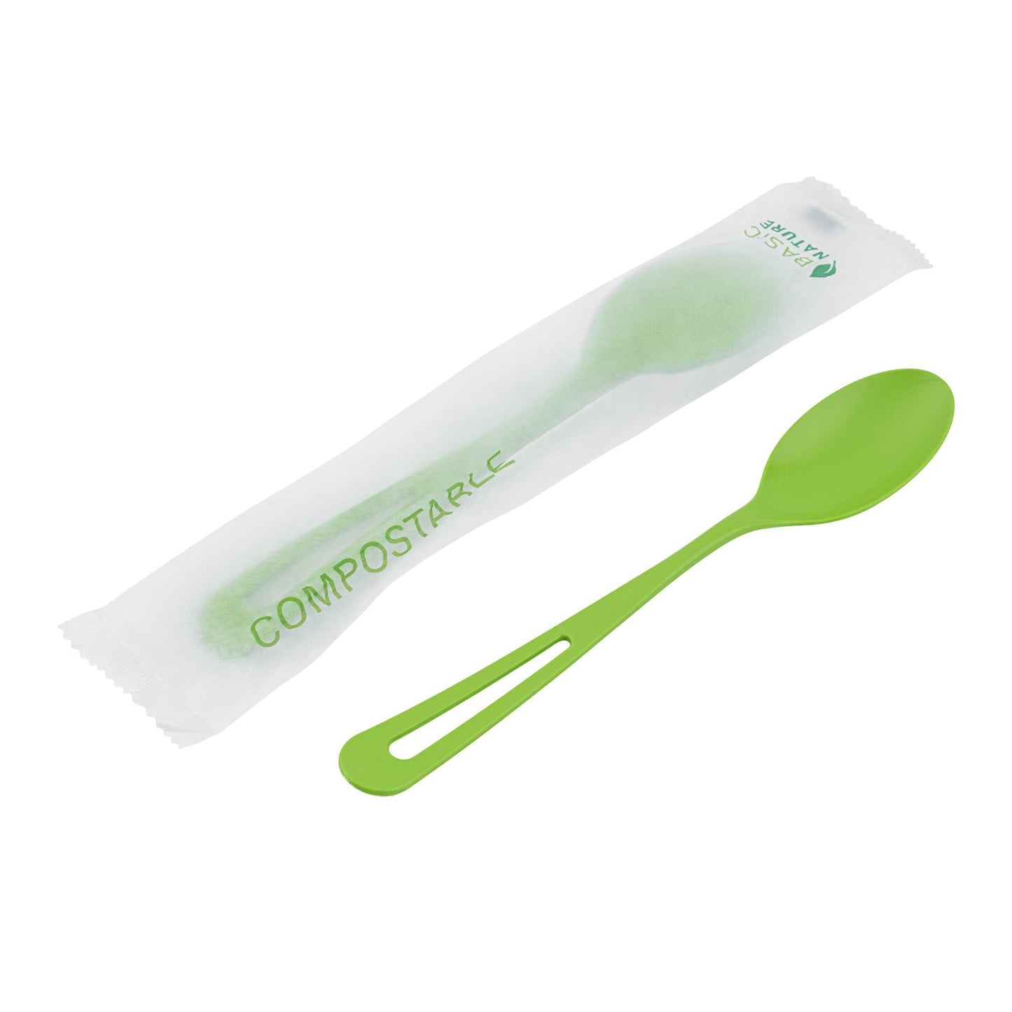 Basic Nature Green CPLA Plastic Spoon - Compostable Wrapper, Heat-Resistant - 7 1/2" - 250 count box