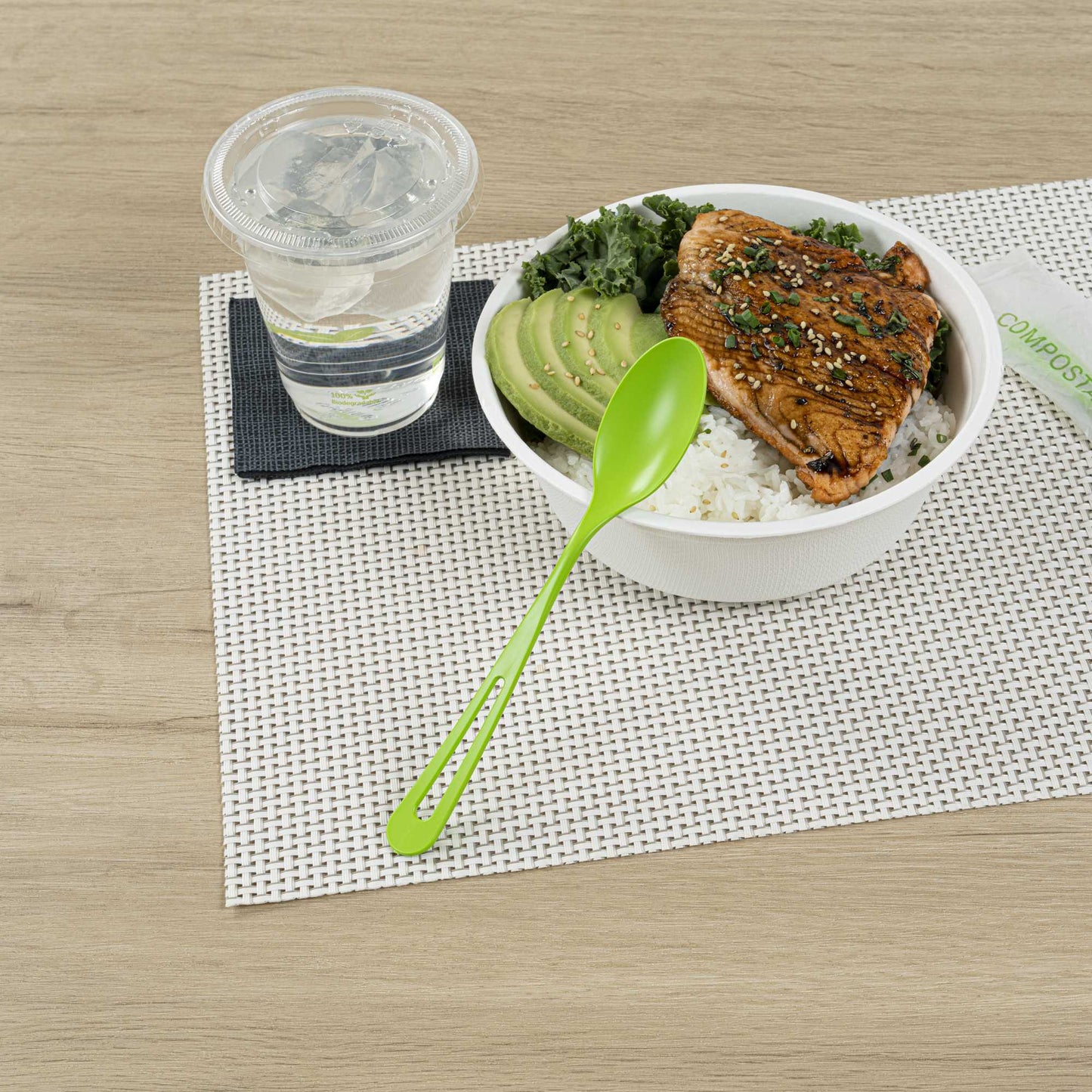 Basic Nature Green CPLA Plastic Spoon - Compostable Wrapper, Heat-Resistant - 7 1/2" - 250 count box