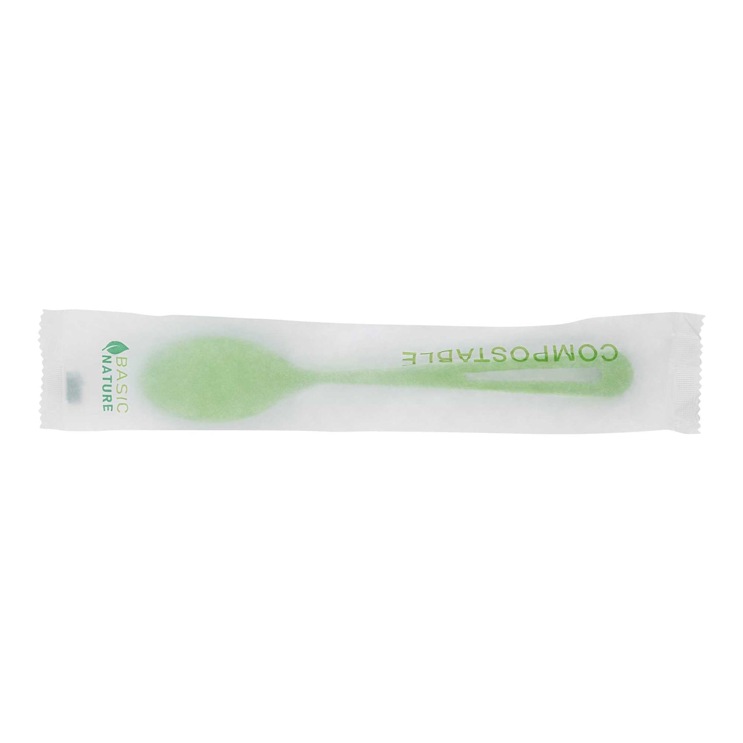 Basic Nature Green CPLA Plastic Spoon - Compostable Wrapper, Heat-Resistant - 7 1/2" - 250 count box