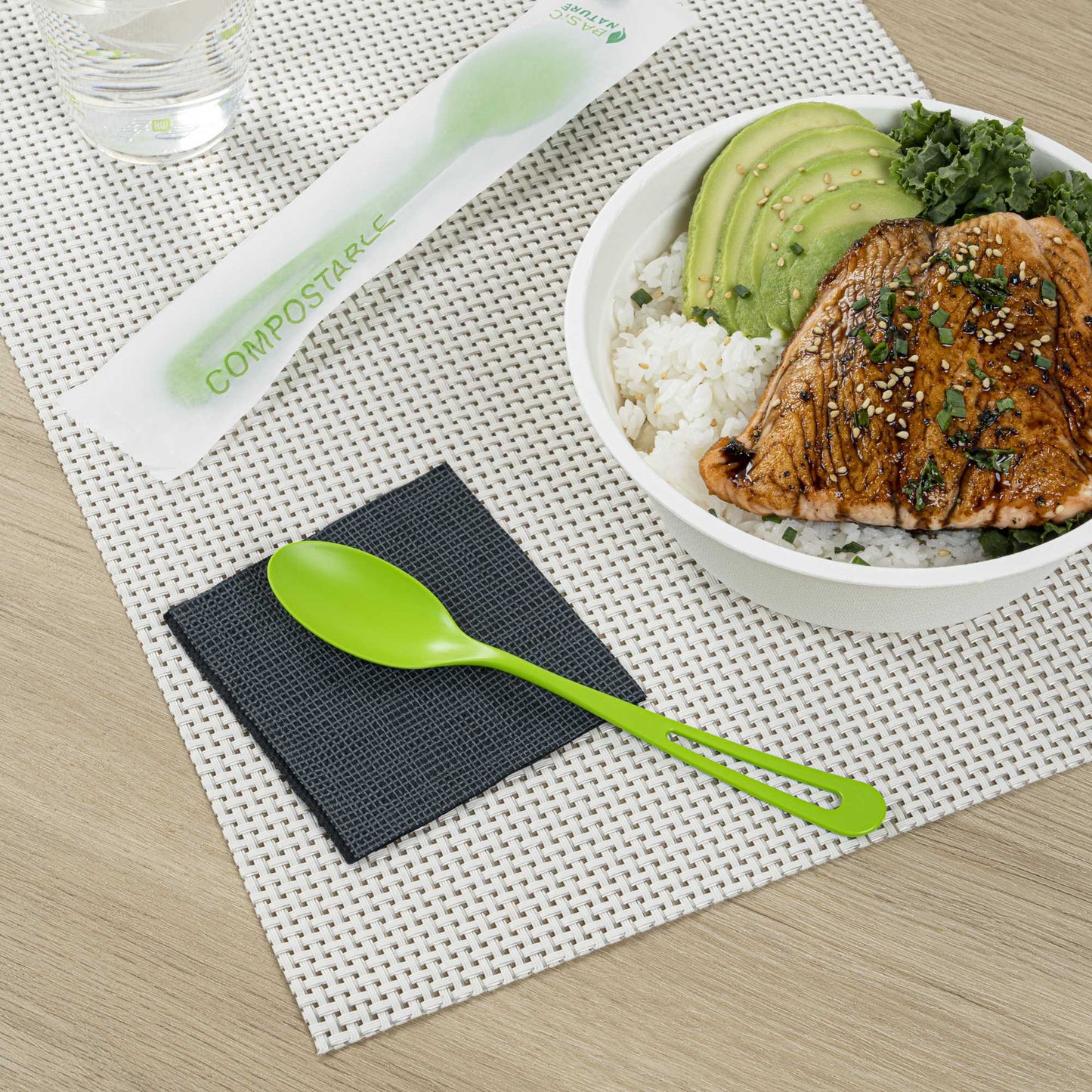 Basic Nature Green CPLA Plastic Spoon - Compostable Wrapper, Heat-Resistant - 7 1/2" - 250 count box