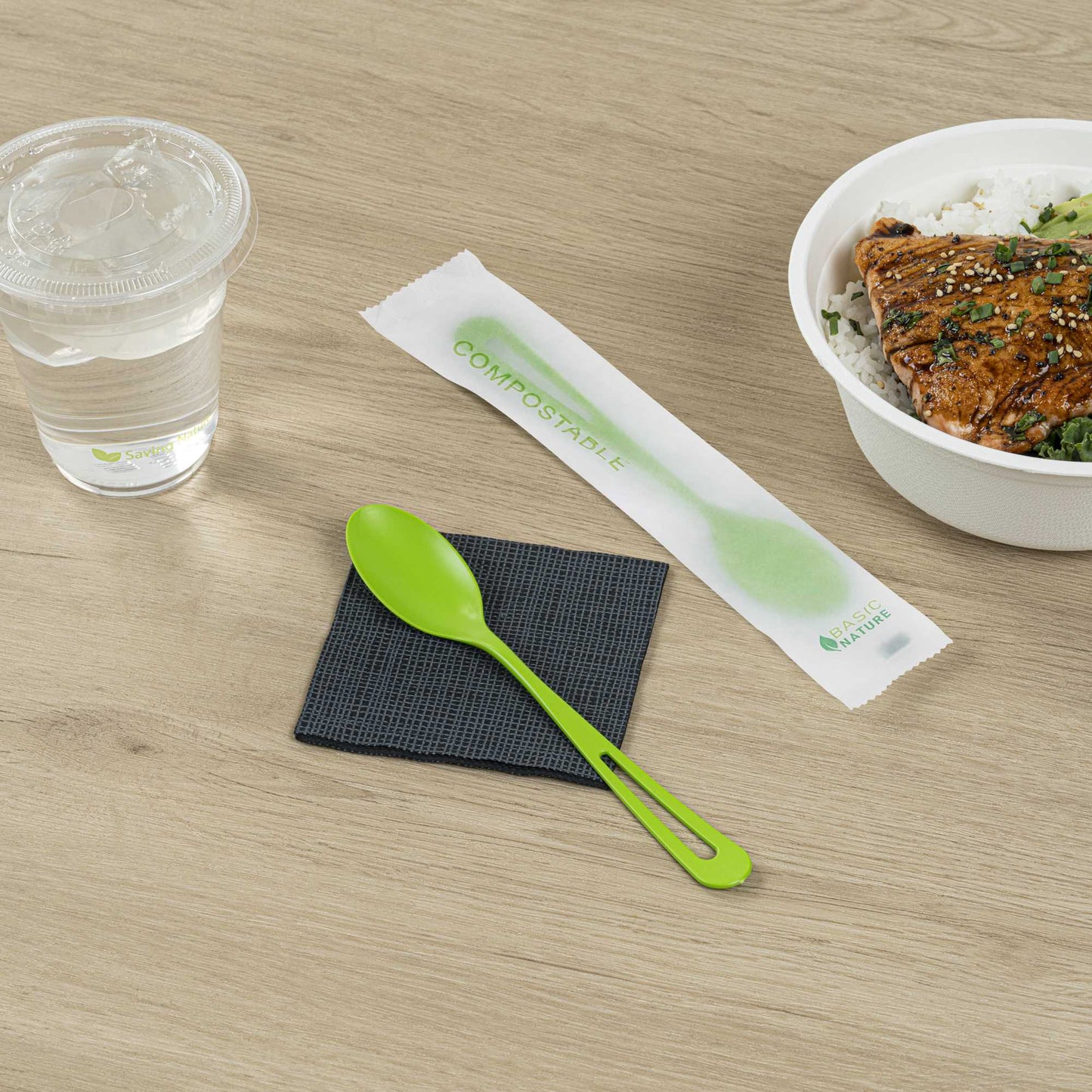 Basic Nature Green CPLA Plastic Spoon - Compostable Wrapper, Heat-Resistant - 7 1/2" - 250 count box