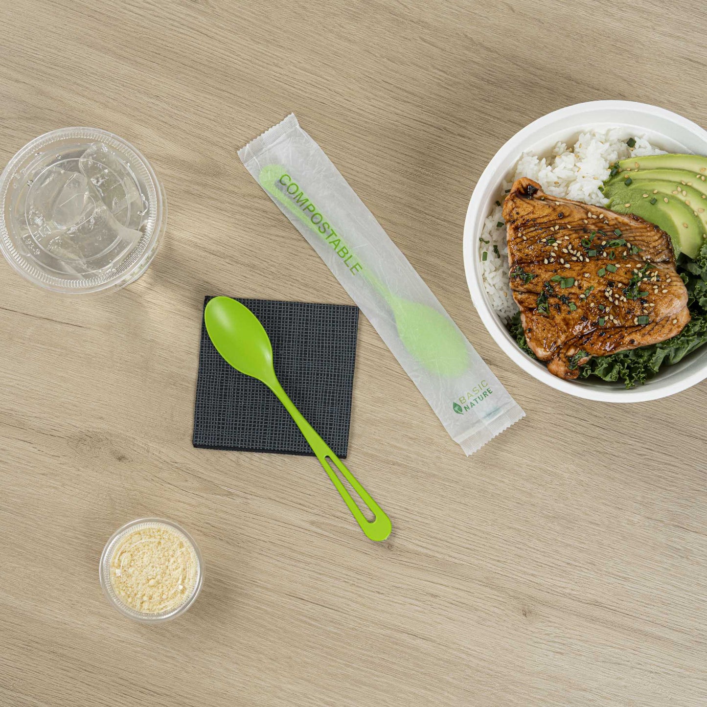 Basic Nature Green CPLA Plastic Spoon - Compostable Wrapper, Heat-Resistant - 7 1/2" - 250 count box
