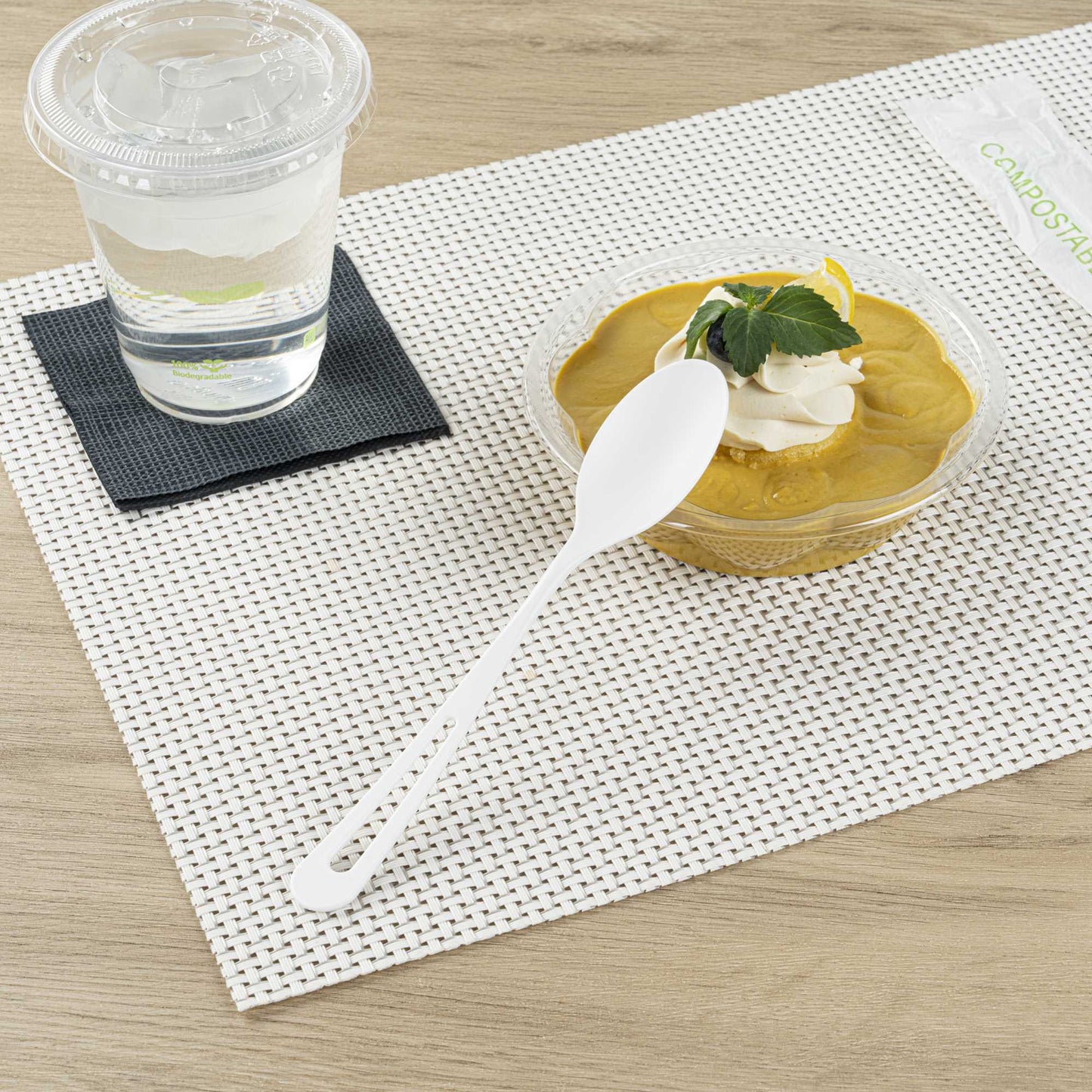 Basic Nature White CPLA Plastic Spoon - Compostable Wrapper, Heat-Resistant - 7 1/2" - 250 count box