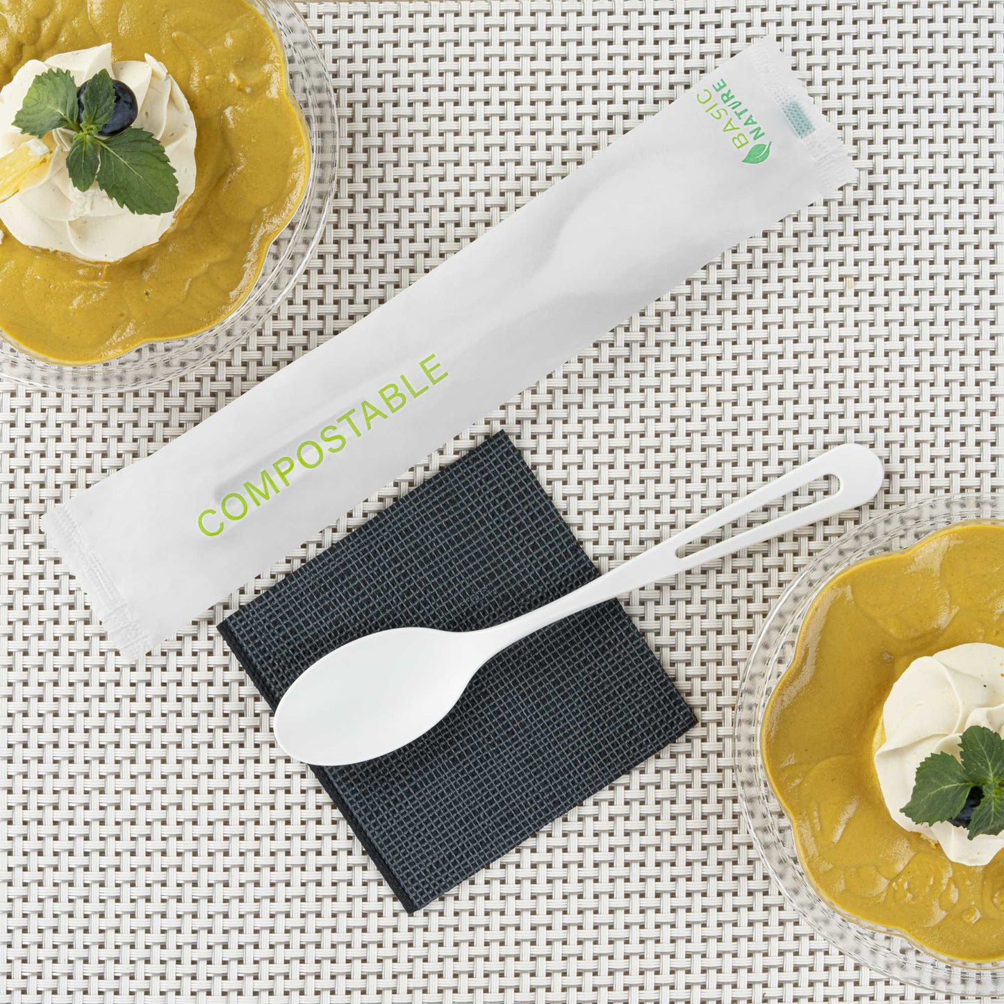 Basic Nature White CPLA Plastic Spoon - Compostable Wrapper, Heat-Resistant - 7 1/2" - 250 count box