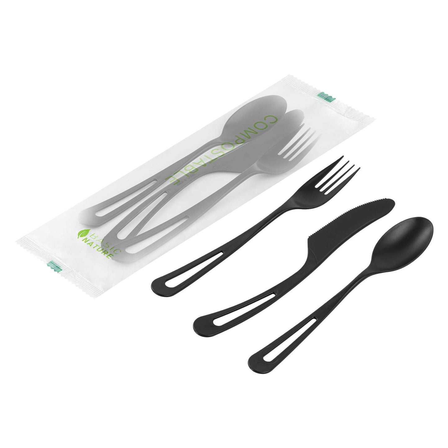 Basic Nature Black CPLA Plastic Cutlery Set - Compostable Wrapper, Heat-Resistant - 7 1/2" - 100 count box