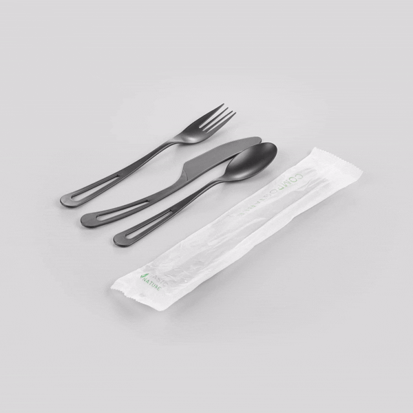 Basic Nature Black CPLA Plastic Cutlery Set - Compostable Wrapper, Heat-Resistant - 7 1/2" - 100 count box