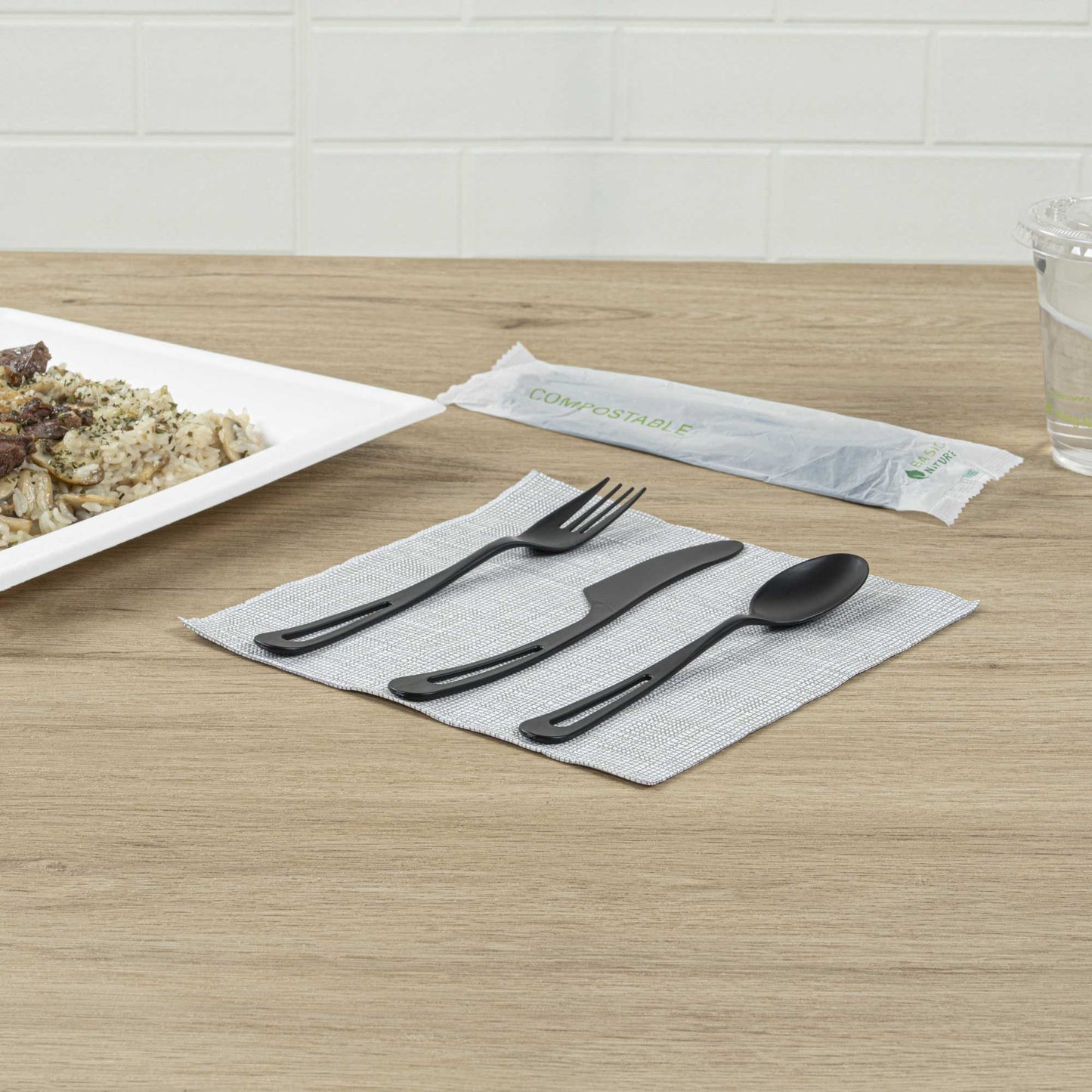 Basic Nature Black CPLA Plastic Cutlery Set - Compostable Wrapper, Heat-Resistant - 7 1/2" - 100 count box