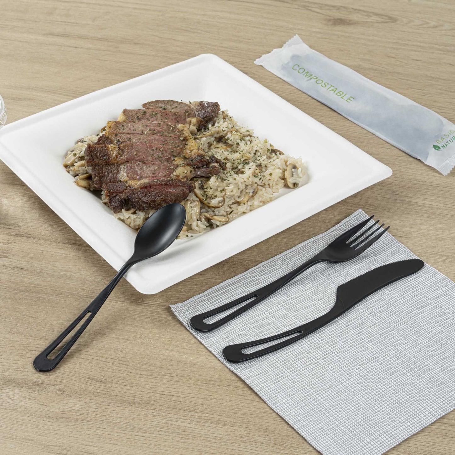 Basic Nature Black CPLA Plastic Cutlery Set - Compostable Wrapper, Heat-Resistant - 7 1/2" - 100 count box