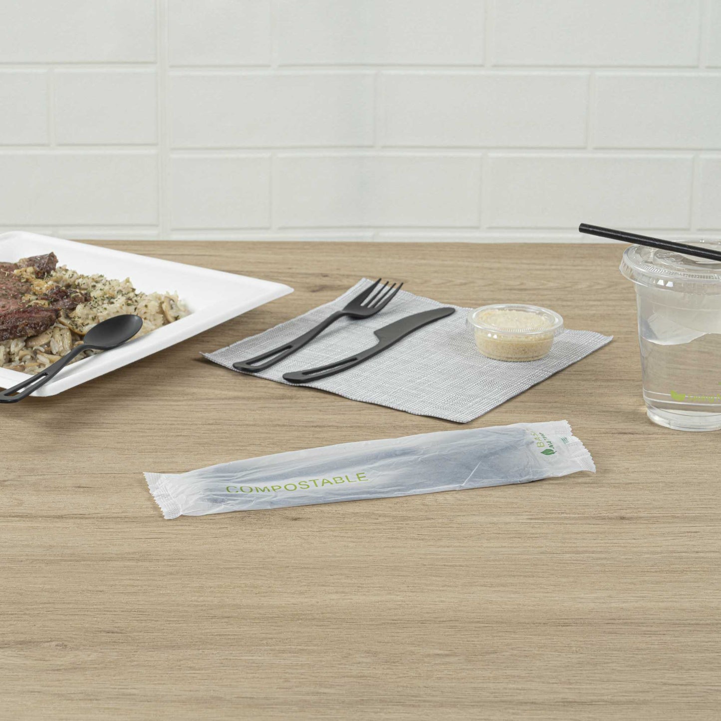 Basic Nature Black CPLA Plastic Cutlery Set - Compostable Wrapper, Heat-Resistant - 7 1/2" - 100 count box