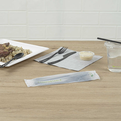 Basic Nature Black CPLA Plastic Cutlery Set - Compostable Wrapper, Heat-Resistant - 7 1/2" - 100 count box