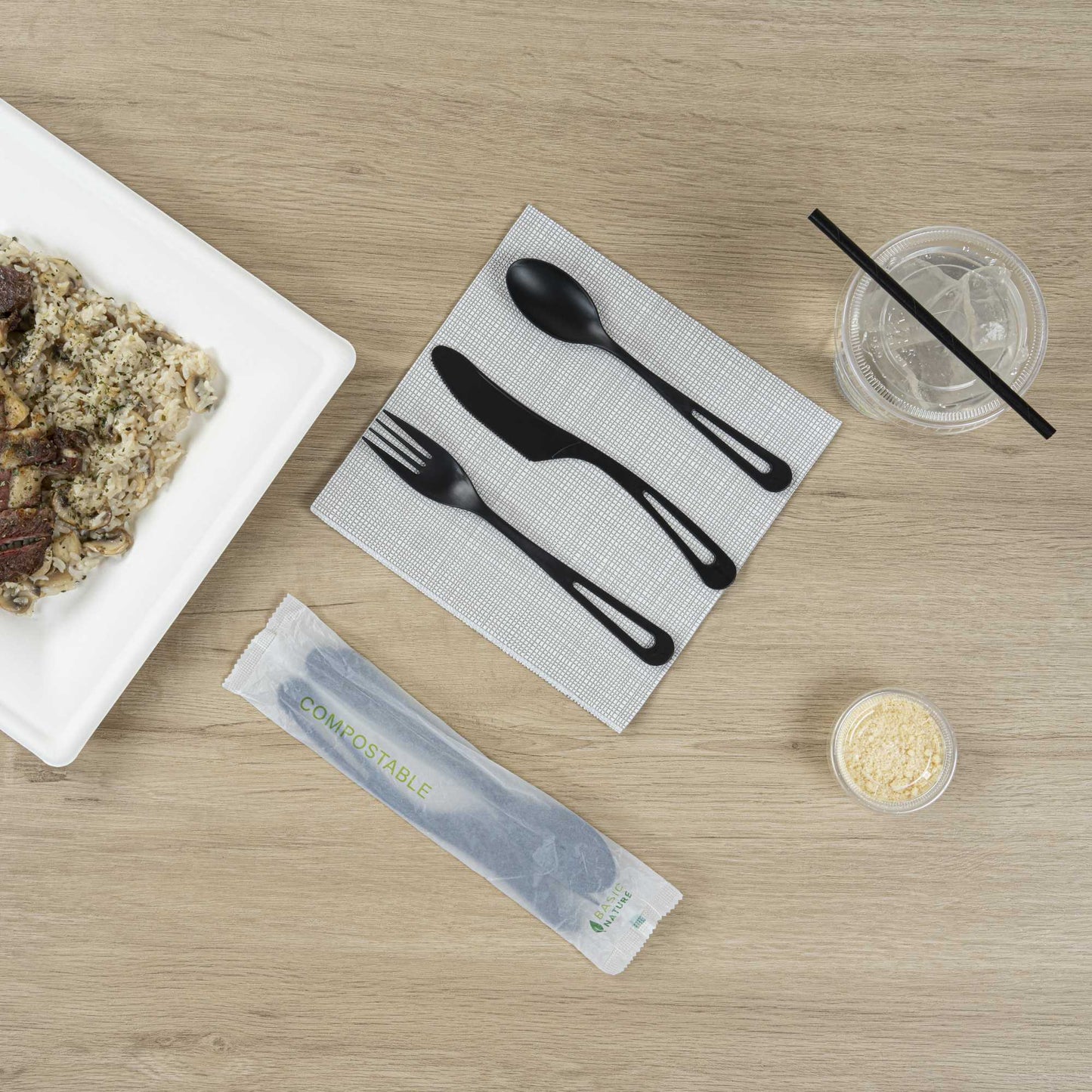 Basic Nature Black CPLA Plastic Cutlery Set - Compostable Wrapper, Heat-Resistant - 7 1/2" - 100 count box