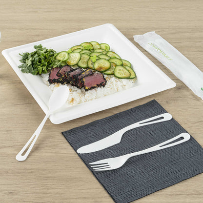 Basic Nature White CPLA Plastic Cutlery Set - Compostable Wrapper, Heat-Resistant - 7 1/2" - 100 count box