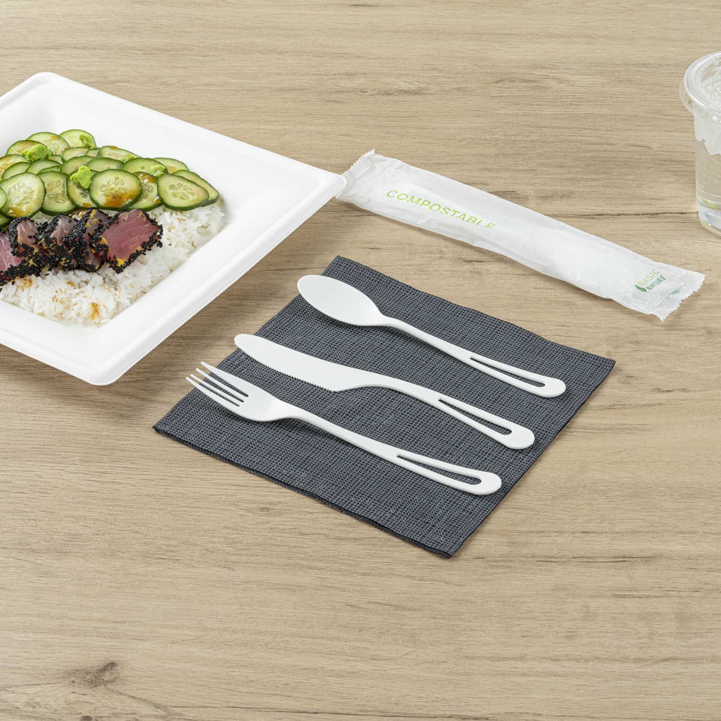 Basic Nature White CPLA Plastic Cutlery Set - Compostable Wrapper, Heat-Resistant - 7 1/2" - 100 count box