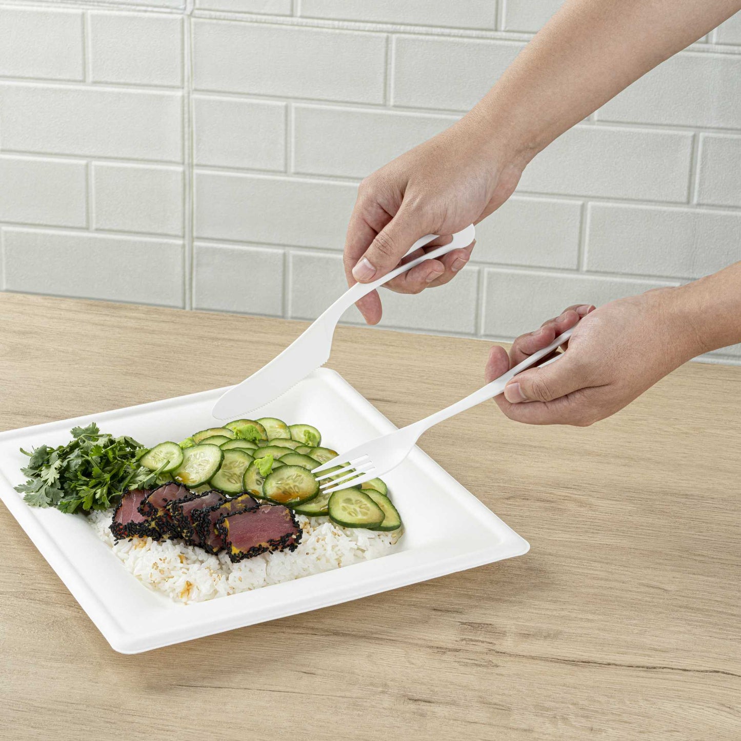 Basic Nature White CPLA Plastic Cutlery Set - Compostable Wrapper, Heat-Resistant - 7 1/2" - 100 count box
