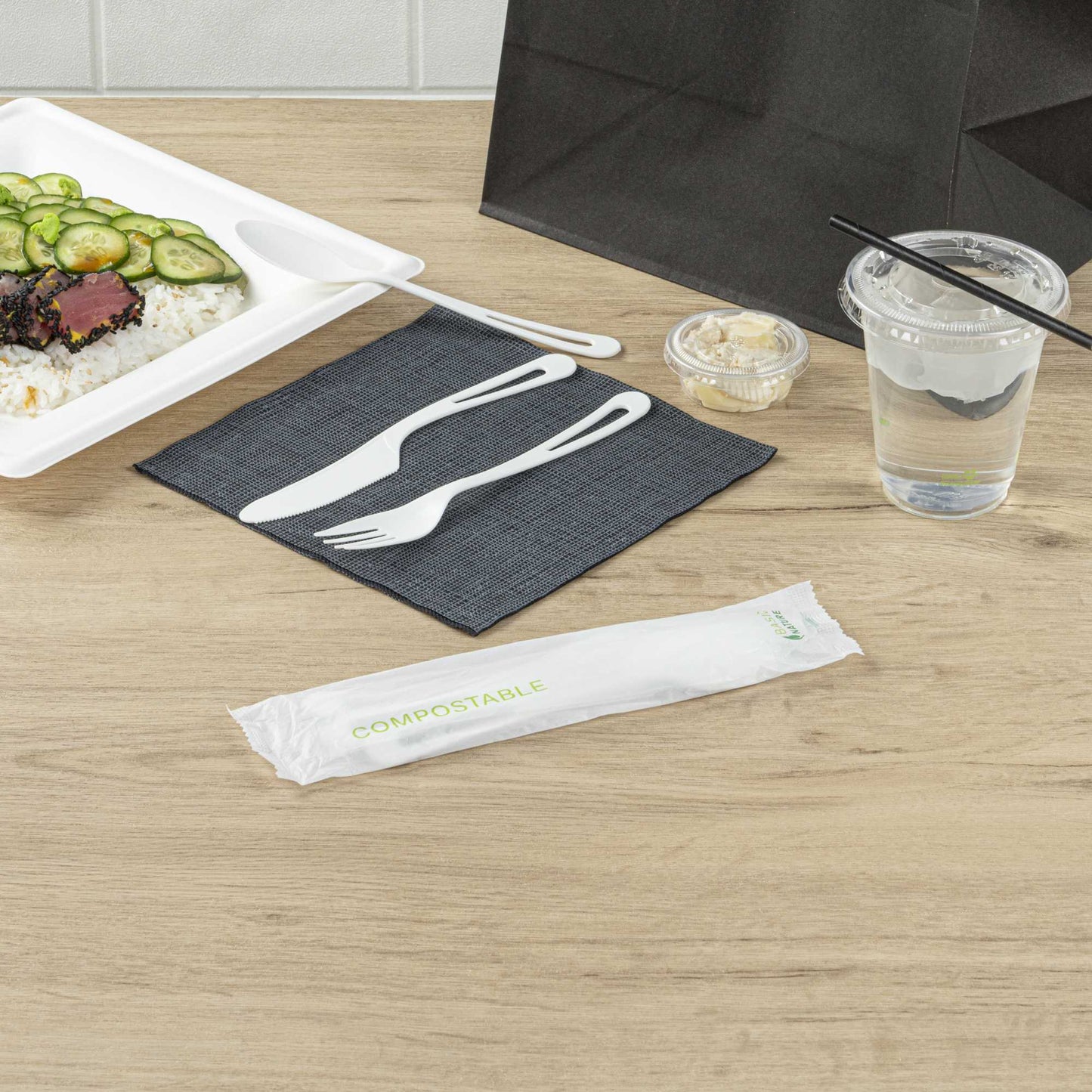 Basic Nature White CPLA Plastic Cutlery Set - Compostable Wrapper, Heat-Resistant - 7 1/2" - 100 count box