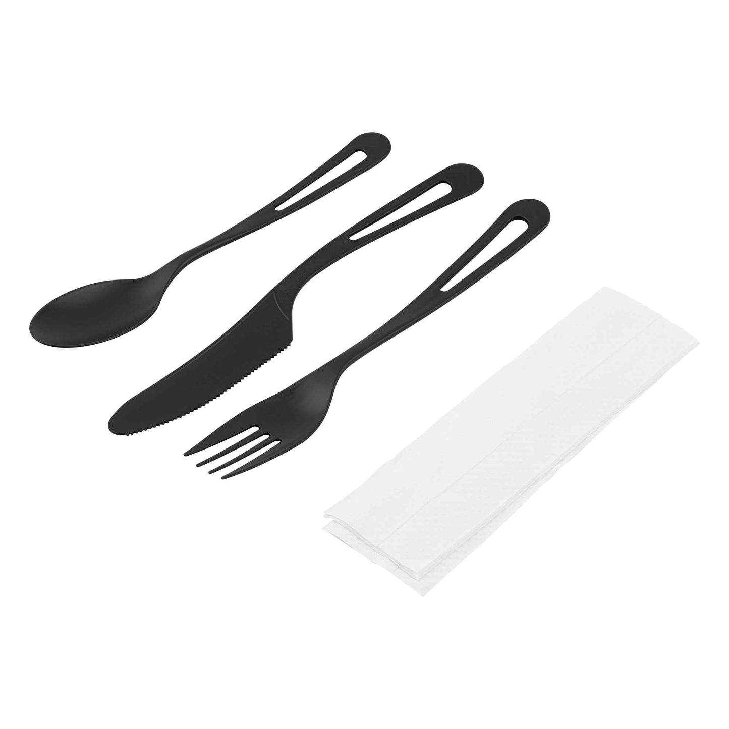 Basic Nature Black CPLA Plastic Cutlery Set - Compostable Wrapper, White Napkin, Heat-Resistant - 7 1/2" - 100 count box