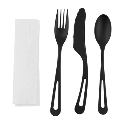 Basic Nature Black CPLA Plastic Cutlery Set - Compostable Wrapper, White Napkin, Heat-Resistant - 7 1/2" - 100 count box