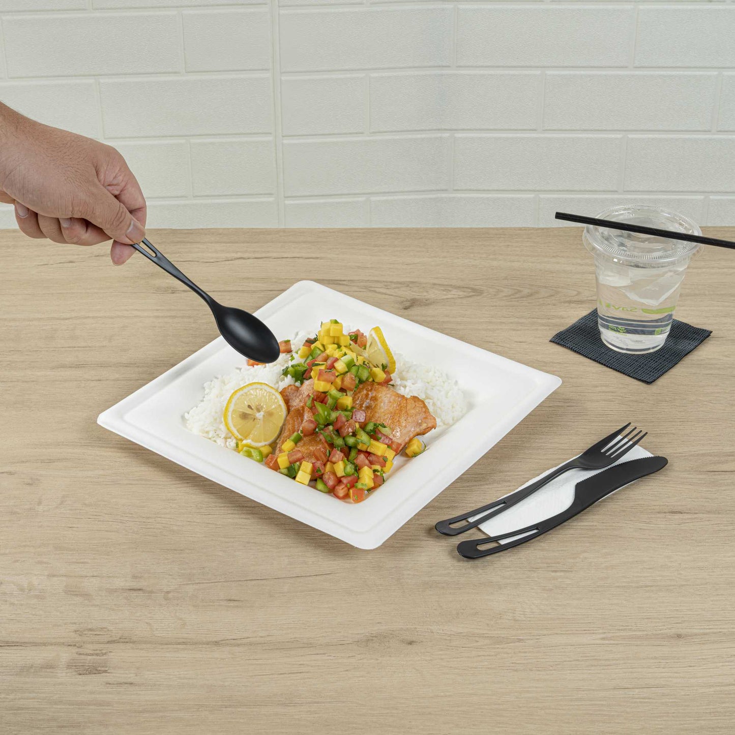 Basic Nature Black CPLA Plastic Cutlery Set - Compostable Wrapper, White Napkin, Heat-Resistant - 7 1/2" - 100 count box