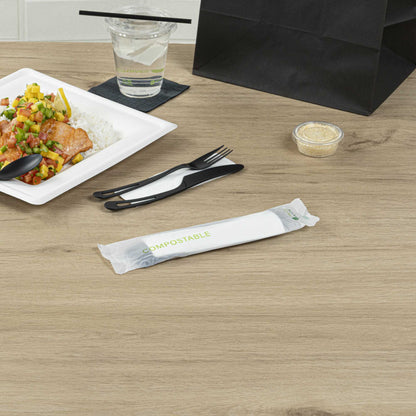 Basic Nature Black CPLA Plastic Cutlery Set - Compostable Wrapper, White Napkin, Heat-Resistant - 7 1/2" - 100 count box