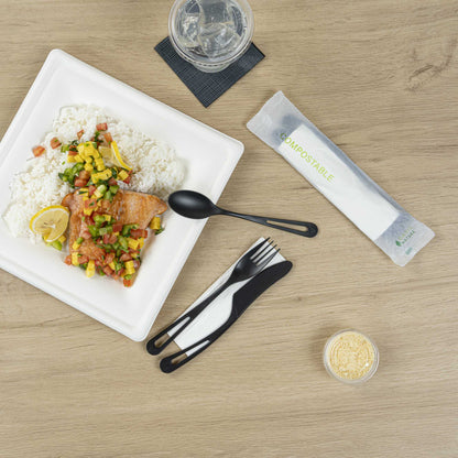 Basic Nature Black CPLA Plastic Cutlery Set - Compostable Wrapper, White Napkin, Heat-Resistant - 7 1/2" - 100 count box