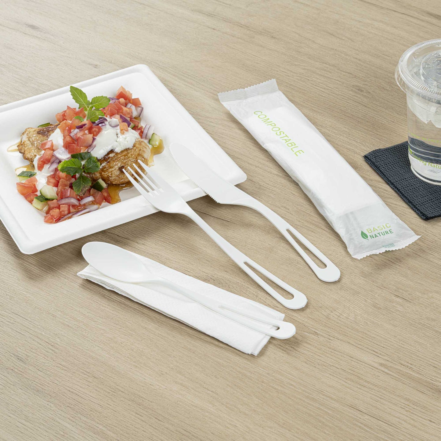 Basic Nature White CPLA Plastic Cutlery Set - Compostable Wrapper, White Napkin, Heat-Resistant - 7 1/2" - 100 count box