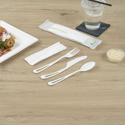 Basic Nature White CPLA Plastic Cutlery Set - Compostable Wrapper, White Napkin, Heat-Resistant - 7 1/2" - 100 count box