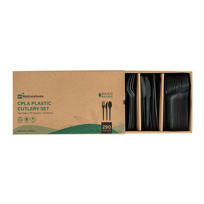 Basic Nature Black CPLA Plastic Cutlery Set - Heat-Resistant, Compostable - 6 1/2" - 290 count box
