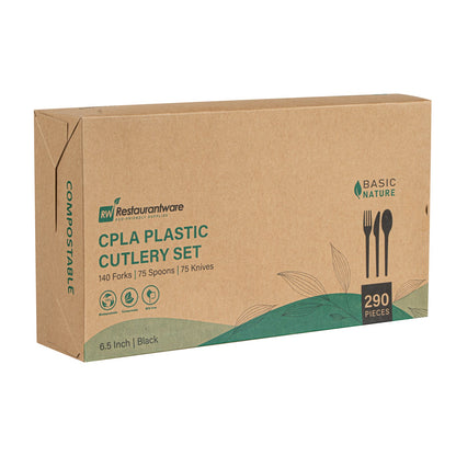 Basic Nature Black CPLA Plastic Cutlery Set - Heat-Resistant, Compostable - 6 1/2" - 290 count box