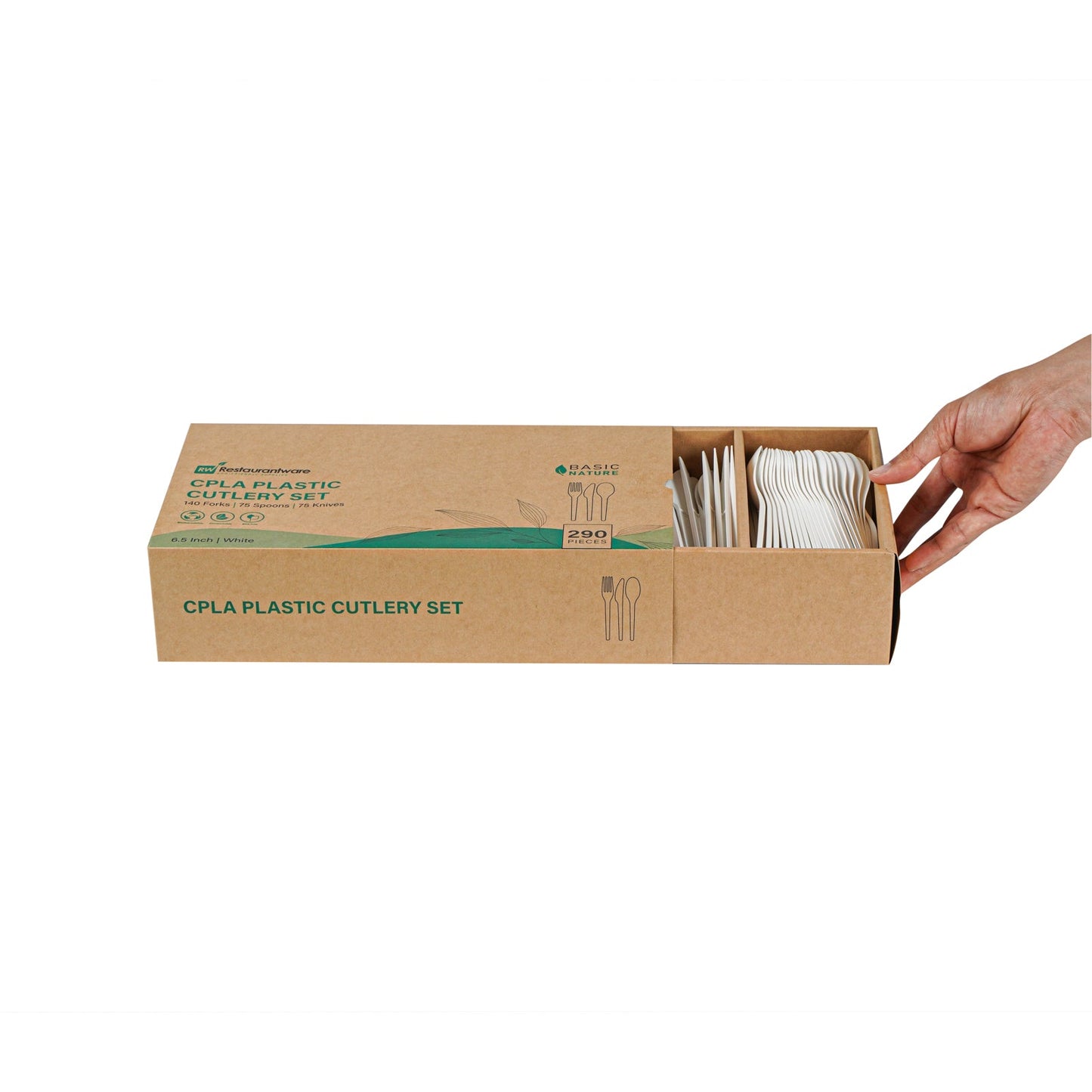 Basic Nature White CPLA Plastic Cutlery Set - Heat-Resistant, Compostable - 6 1/2" - 290 count box