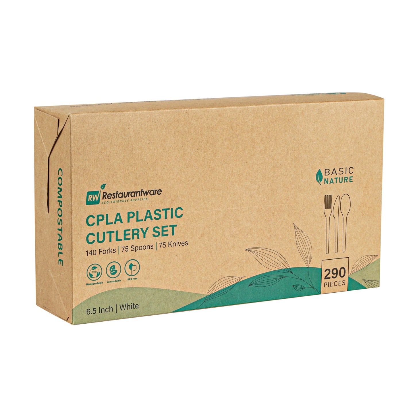 Basic Nature White CPLA Plastic Cutlery Set - Heat-Resistant, Compostable - 6 1/2" - 290 count box