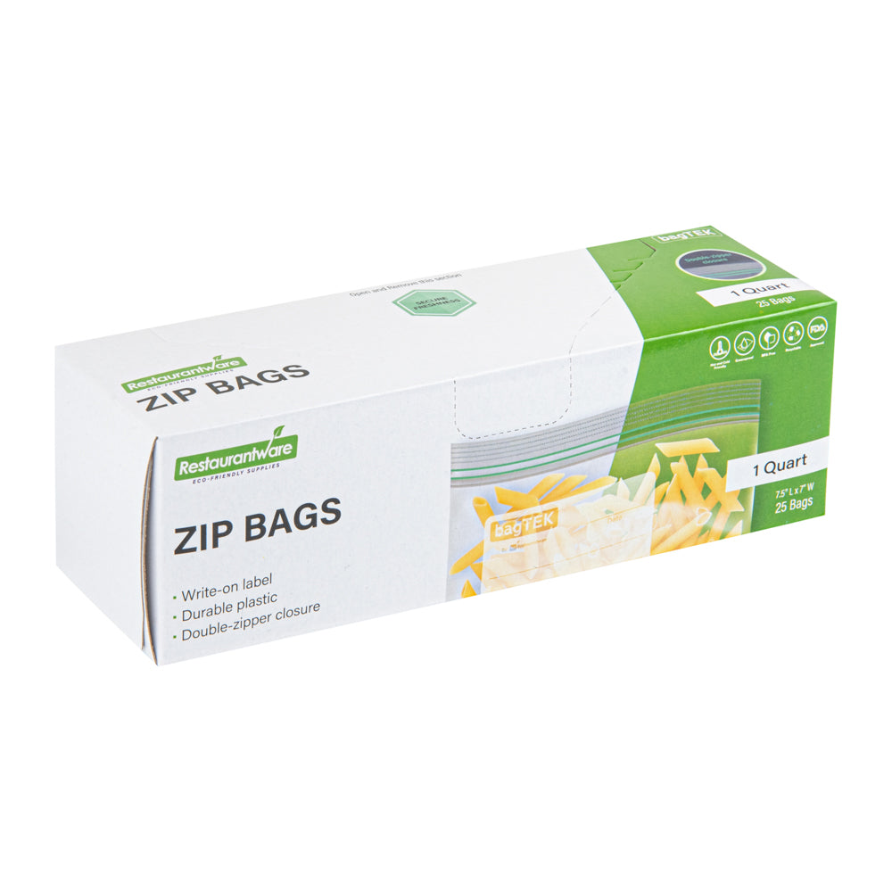 Bag Tek 1 qt Clear Plastic Zip Bag - Double Zipper, Write-On Label, BPA-Free - 7 1/2" x 7" - 25 count box