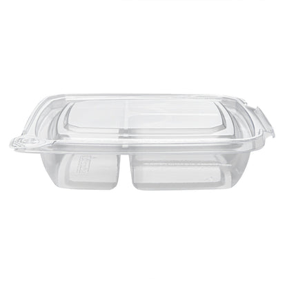 Tamper Tek 11 oz Rectangle Clear Plastic Container - with Lid, Tamper-Evident, 3 Compartments - 7" x 5 1/2" x 1 1/2" - 100 count box