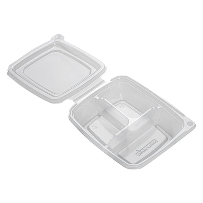 Tamper Tek 11 oz Rectangle Clear Plastic Container - with Lid, Tamper-Evident, 3 Compartments - 7" x 5 1/2" x 1 1/2" - 100 count box