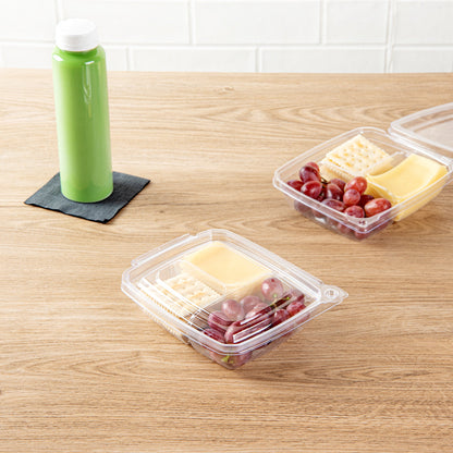 Tamper Tek 11 oz Rectangle Clear Plastic Container - with Lid, Tamper-Evident, 3 Compartments - 7" x 5 1/2" x 1 1/2" - 100 count box