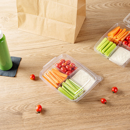 Tamper Tek 13 oz Rectangle Clear Plastic Container - with Lid, Tamper-Evident, 4 Compartments - 7" x 5 1/2" x 1 1/2" - 100 count box