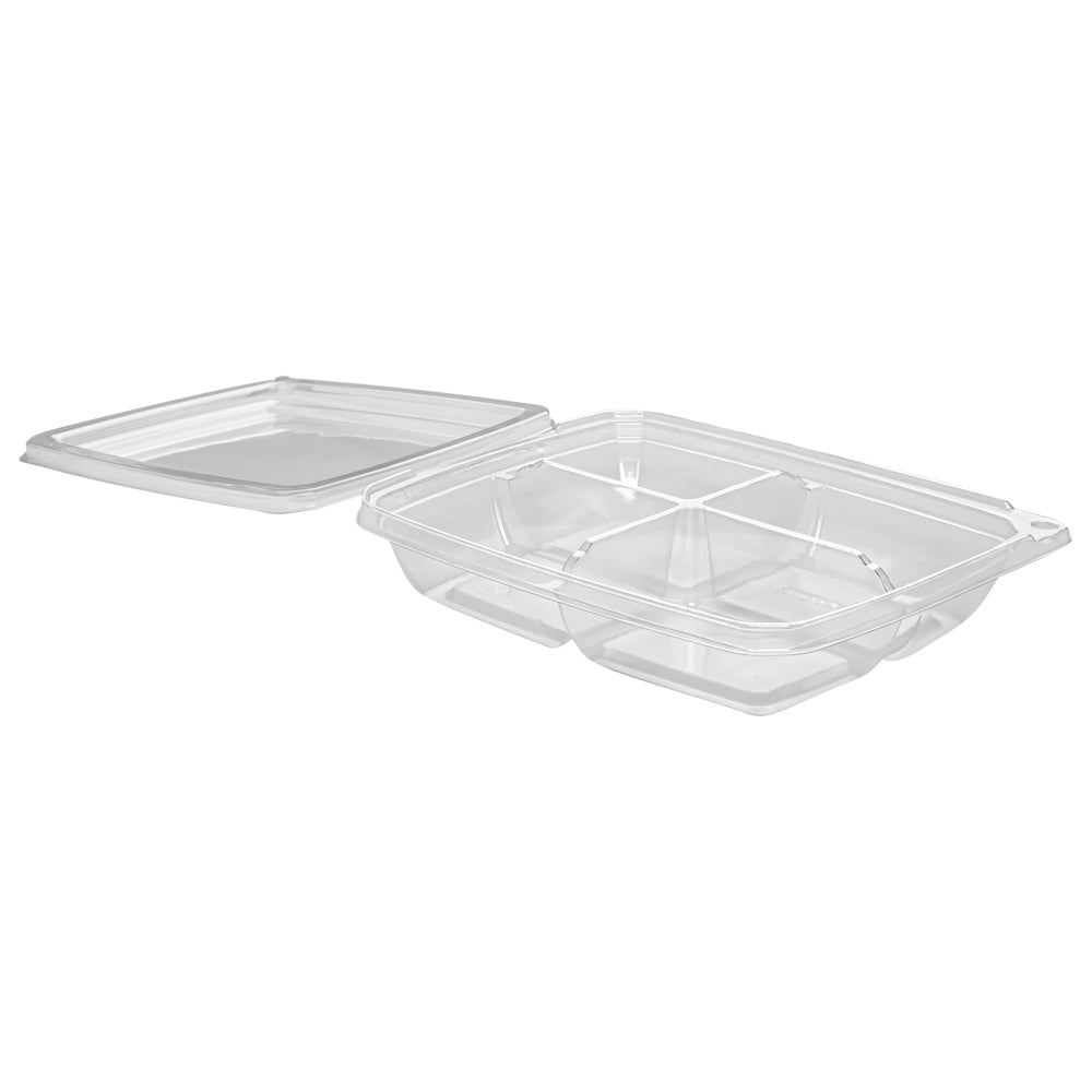 Tamper Tek 13 oz Rectangle Clear Plastic Container - with Lid, Tamper-Evident, 4 Compartments - 7" x 5 1/2" x 1 1/2" - 100 count box