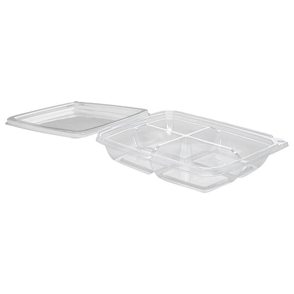 Tamper Tek 13 oz Rectangle Clear Plastic Container - with Lid, Tamper-Evident, 4 Compartments - 7" x 5 1/2" x 1 1/2" - 100 count box