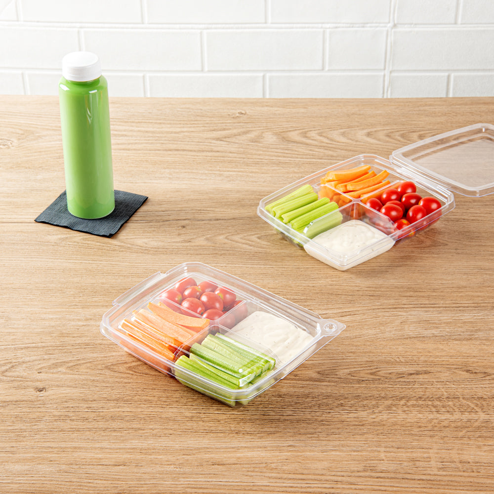 Tamper Tek 13 oz Rectangle Clear Plastic Container - with Lid, Tamper-Evident, 4 Compartments - 7" x 5 1/2" x 1 1/2" - 100 count box