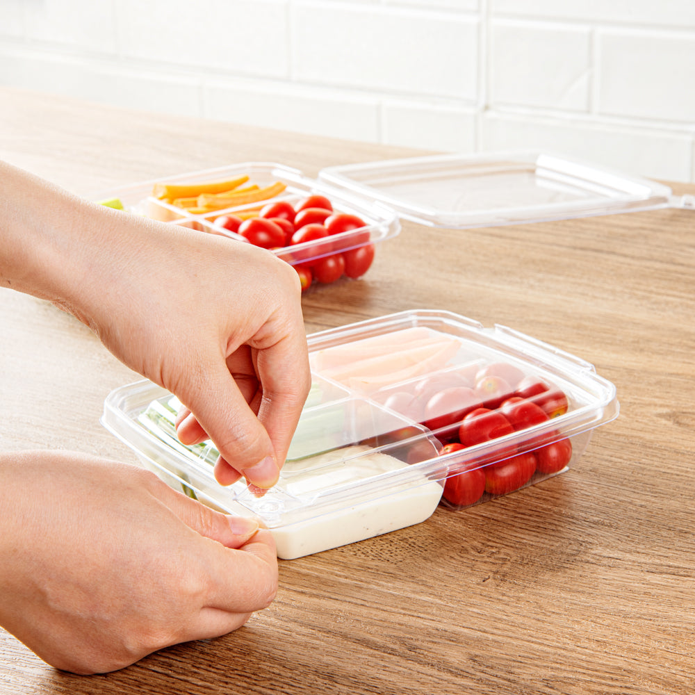 Tamper Tek 13 oz Rectangle Clear Plastic Container - with Lid, Tamper-Evident, 4 Compartments - 7" x 5 1/2" x 1 1/2" - 100 count box