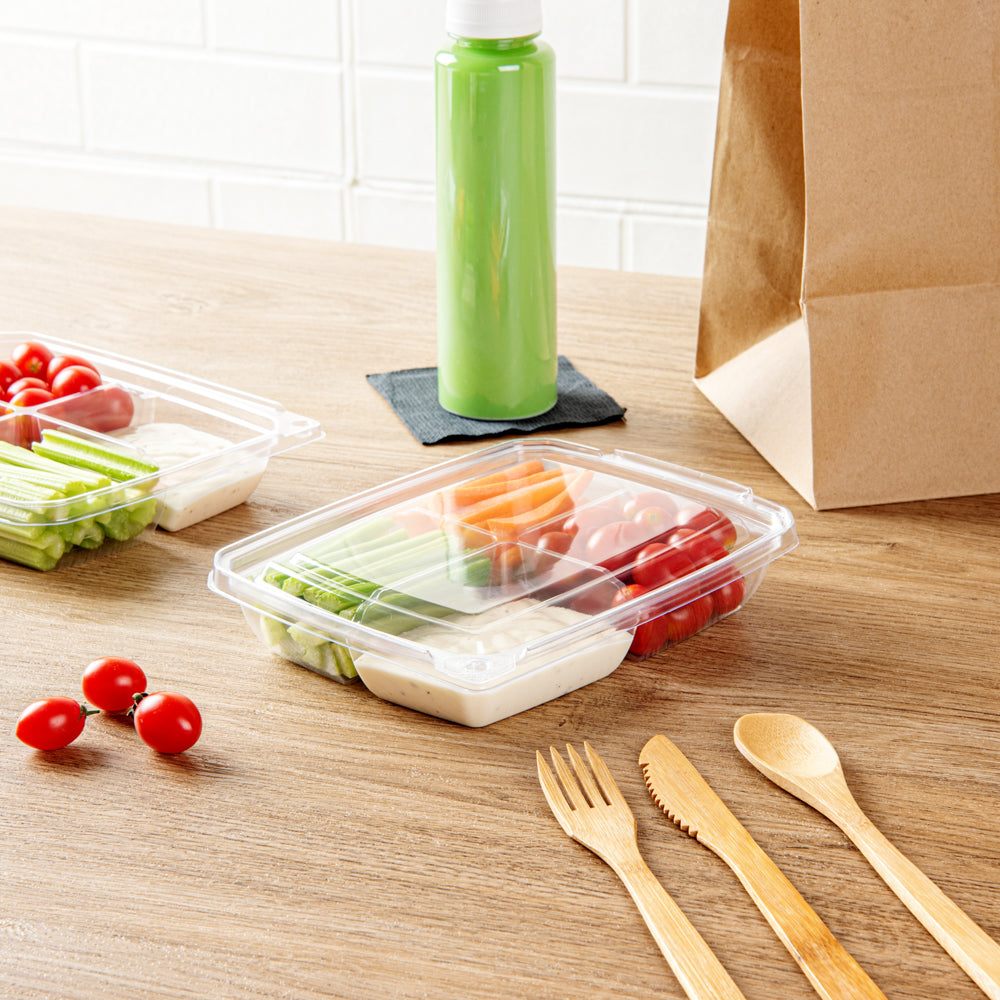 Tamper Tek 13 oz Rectangle Clear Plastic Container - with Lid, Tamper-Evident, 4 Compartments - 7" x 5 1/2" x 1 1/2" - 100 count box