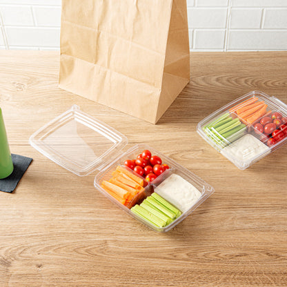 Tamper Tek 13 oz Rectangle Clear Plastic Container - with Lid, Tamper-Evident, 4 Compartments - 7" x 5 1/2" x 1 1/2" - 100 count box