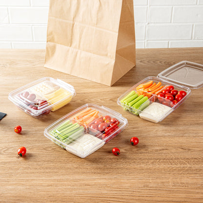 Tamper Tek 13 oz Rectangle Clear Plastic Container - with Lid, Tamper-Evident, 4 Compartments - 7" x 5 1/2" x 1 1/2" - 100 count box