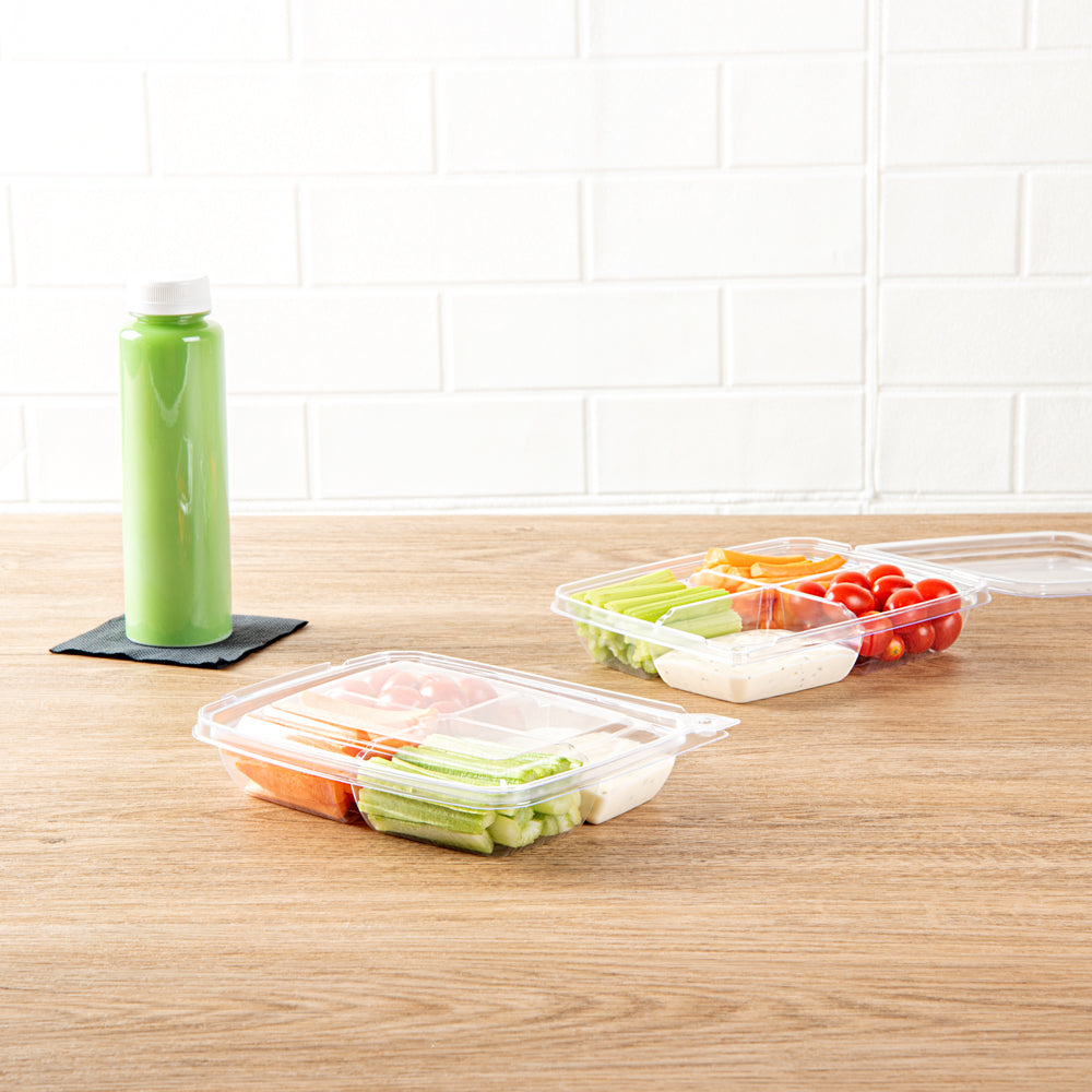 Tamper Tek 13 oz Rectangle Clear Plastic Container - with Lid, Tamper-Evident, 4 Compartments - 7" x 5 1/2" x 1 1/2" - 100 count box