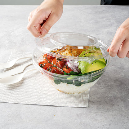Tamper Tek 24 oz Round Clear Plastic Bowl - with Lid, Tamper-Evident - 6 3/4" x 6 1/2" x 2 3/4" - 100 count box