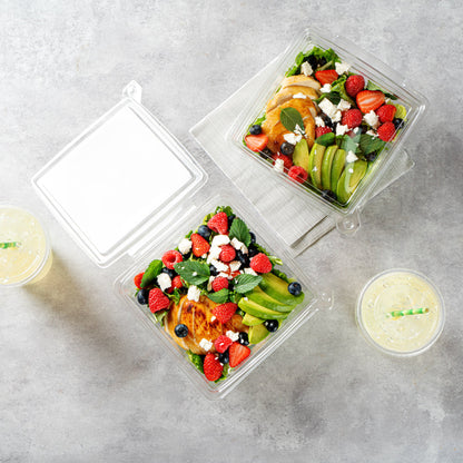 Tamper Tek 48 oz Square Clear Plastic Salad Bowl - with Lid, Tamper-Evident - 7 1/2" x 7 1/4" x 3 1/4" - 100 count box