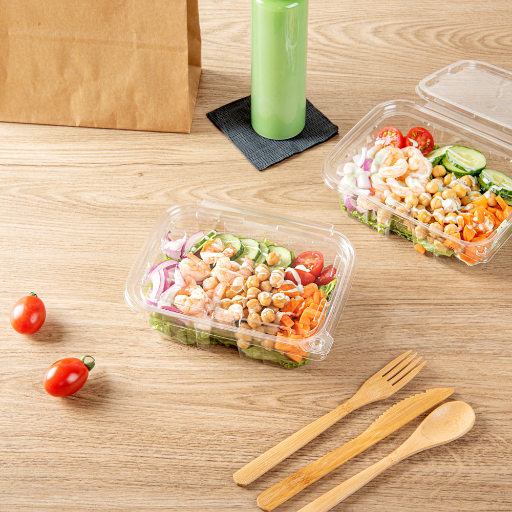 Tamper Tek 20 oz Rectangle Clear Plastic Salad Container - with Lid, Tamper-Evident - 7 1/4" x 5 1/2" x 2" - 100 count box