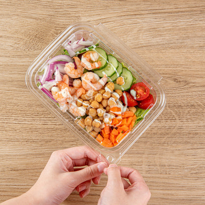 Tamper Tek 20 oz Rectangle Clear Plastic Salad Container - with Lid, Tamper-Evident - 7 1/4" x 5 1/2" x 2" - 100 count box